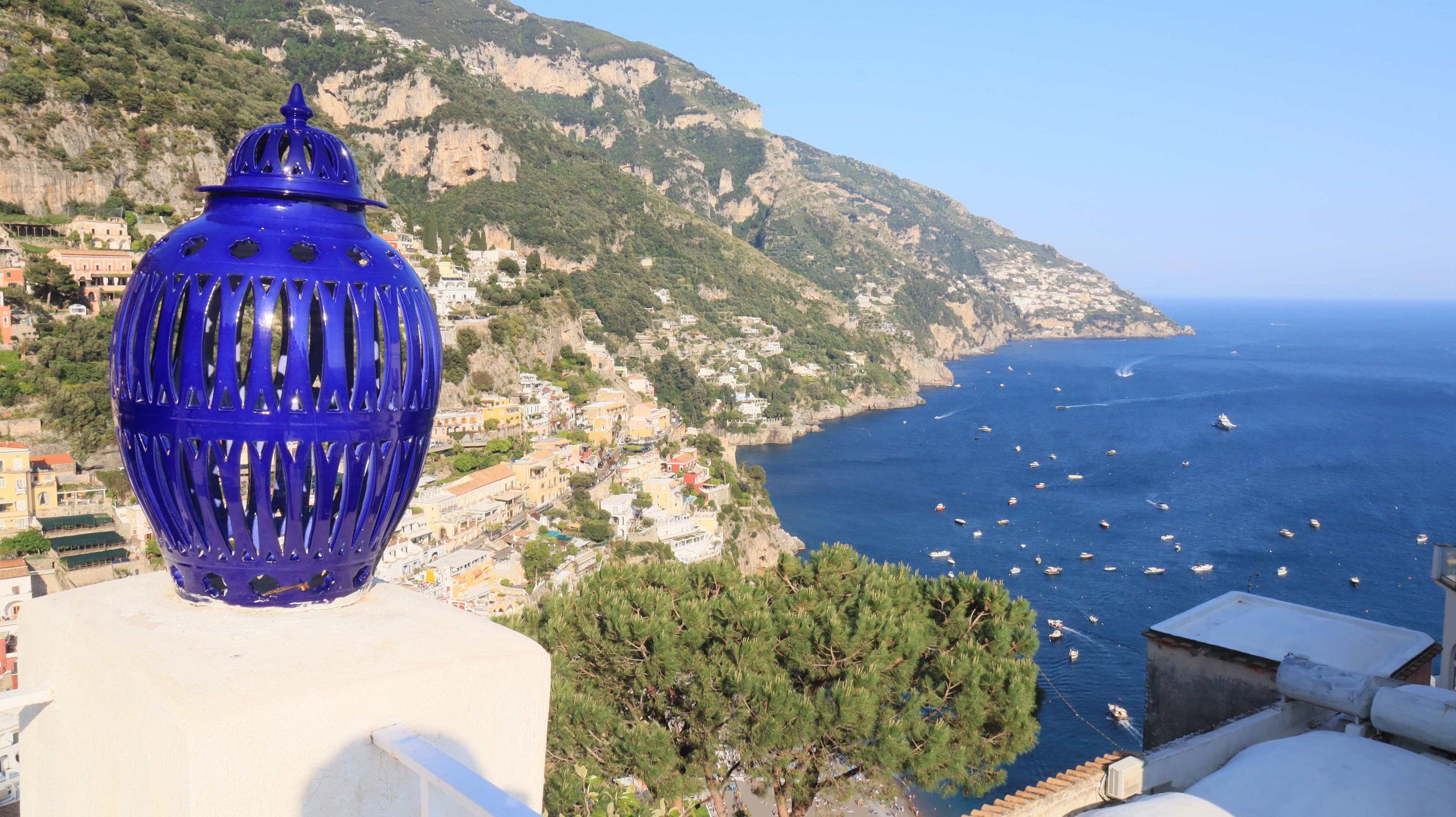 La Terrazza Positano - Panoramic coastal view with ceramic lantern